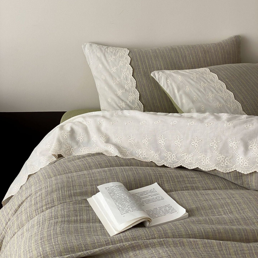 Florence Lace Double Gauze Striped Bedding Set / Brown