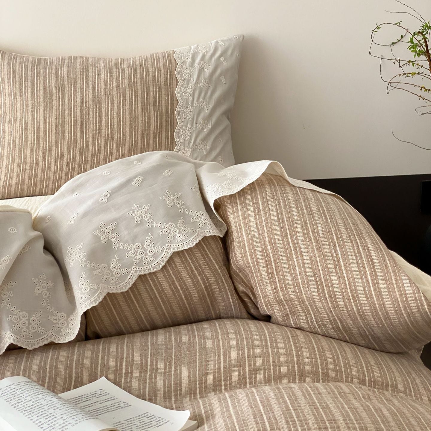 Florence Lace Double Gauze Striped Bedding Set / Brown