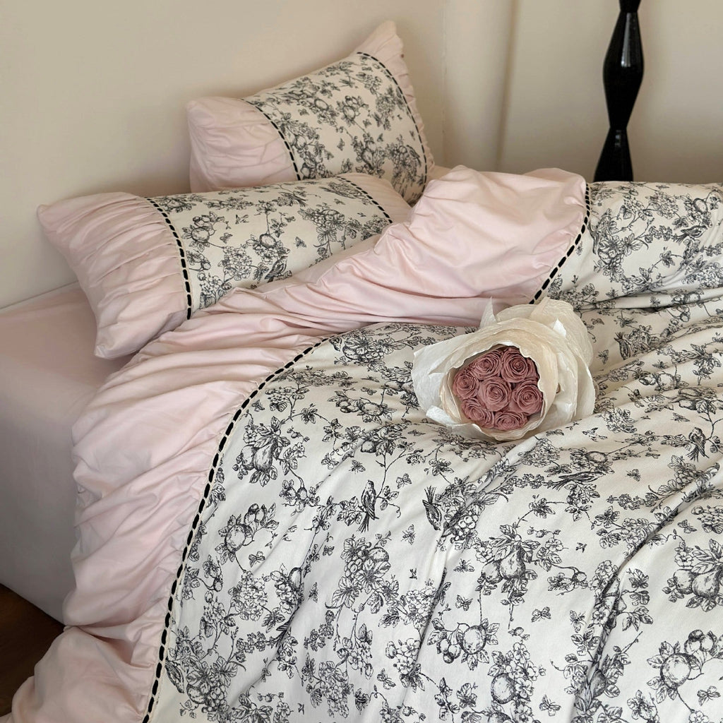 French Black Lace Bedding Set / Cream