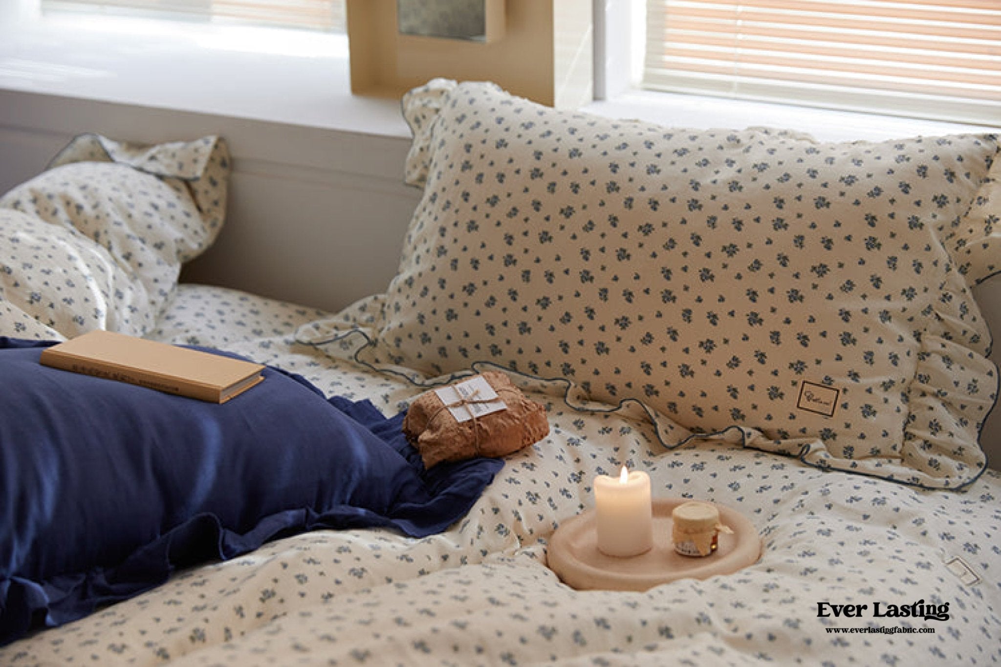 French Floral Earth Tone Double Layer Ruffle Bedding Set / Beige + Blue