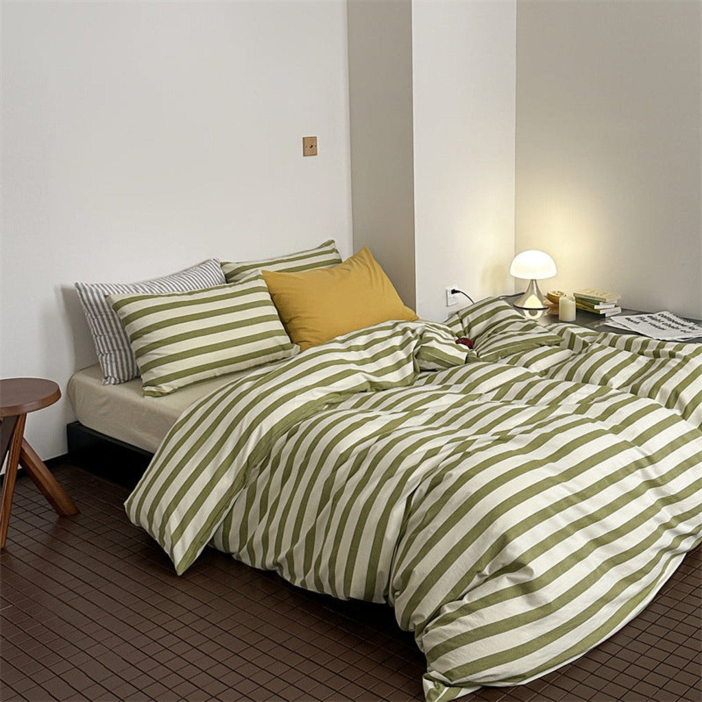 French Stripes Minimal Bedding Set / Green Yellow