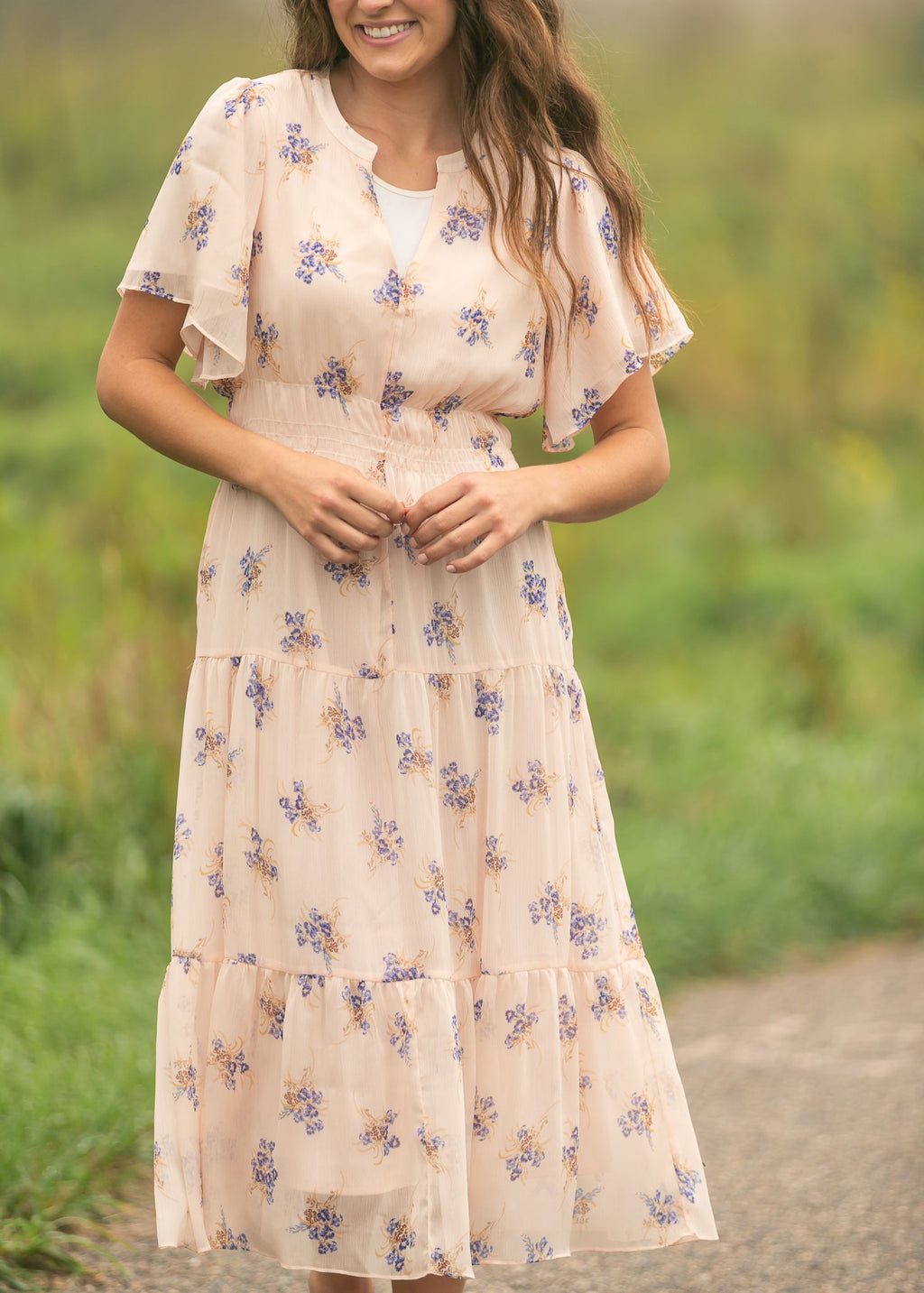Gina Pink Floral Short Sleeve Tiered Midi Dress