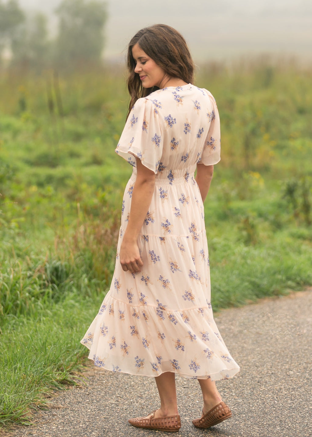 Gina Pink Floral Short Sleeve Tiered Midi Dress