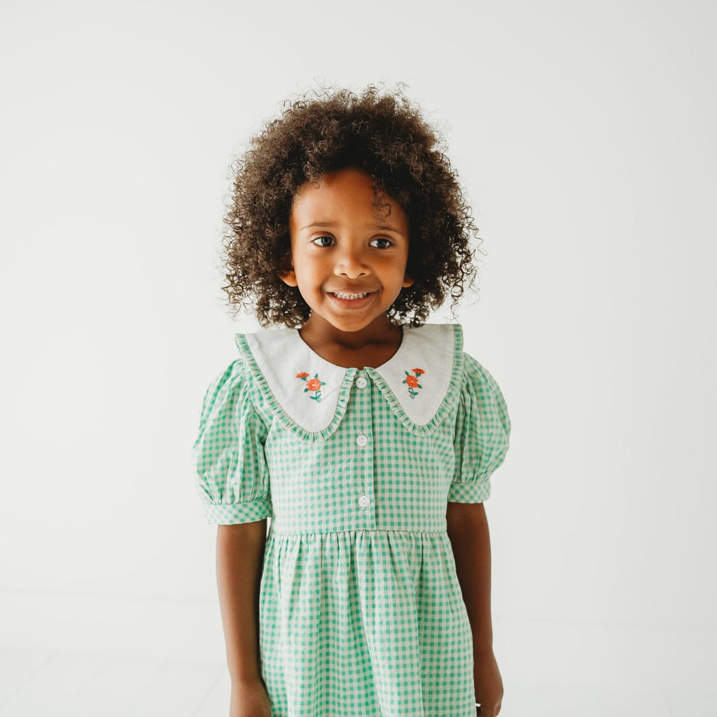 Green Gingham Emb. Mia Dress | Iconic Green Gingham Print