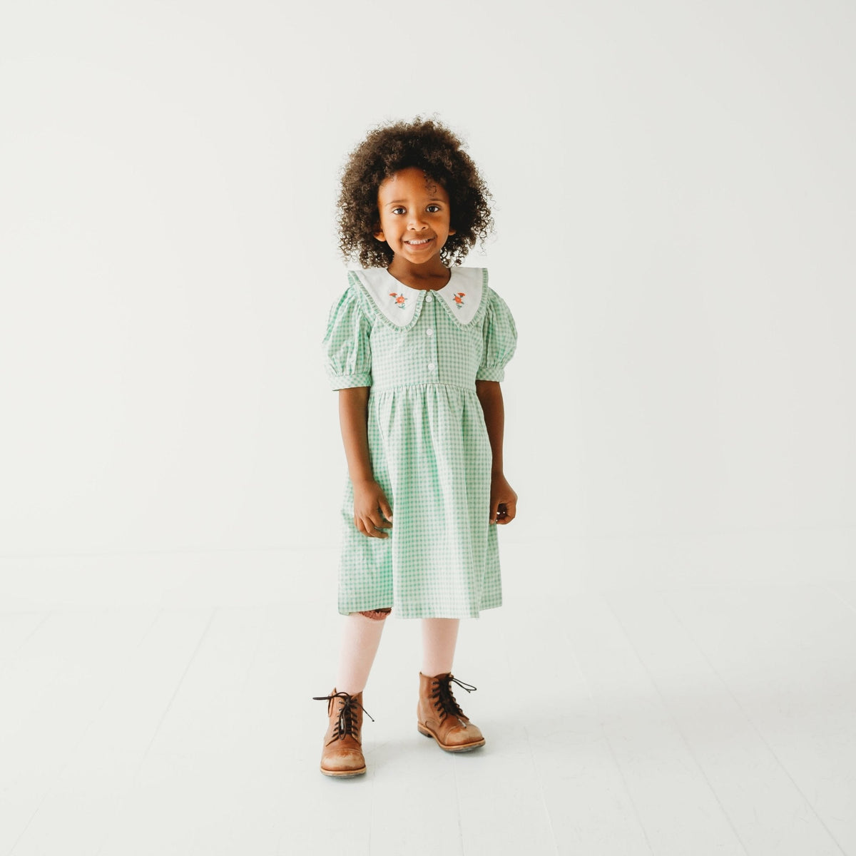 Green Gingham Emb. Mia Dress | Iconic Green Gingham Print