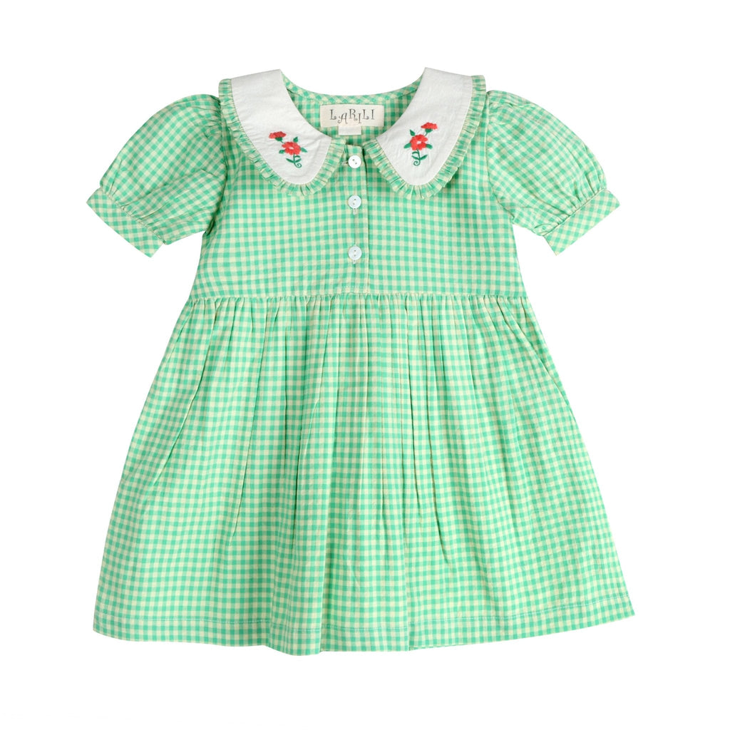 Green Gingham Emb. Mia Dress | Iconic Green Gingham Print
