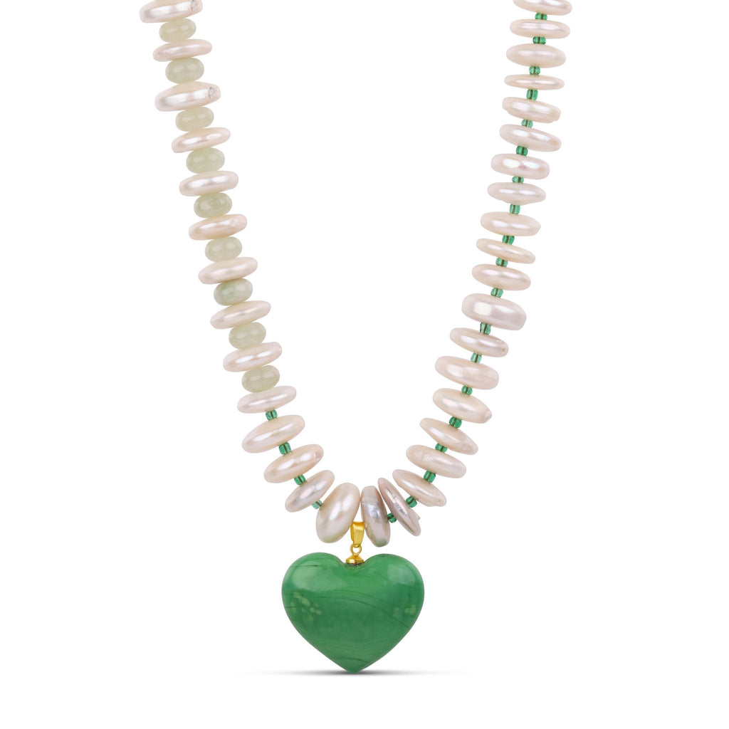 Green Heart Pendant Necklace - Fresh Water Pearl & Murano Glass Necklace