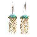 Green Copper Jellyfish Earrings with White Pearls and Sterling Silver Earwires