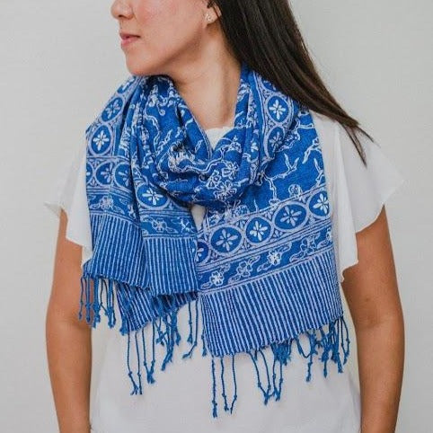 Handmade Batik Scarf, Blue White, Cotton Fabric, Butterfly