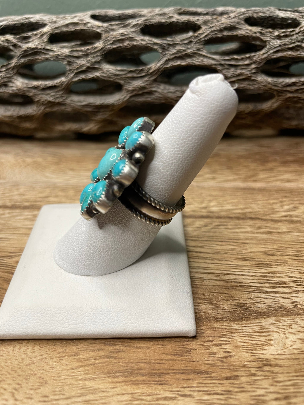 Handcrafted Turquoise And Sterling Silver Adjustable Cluster Ring