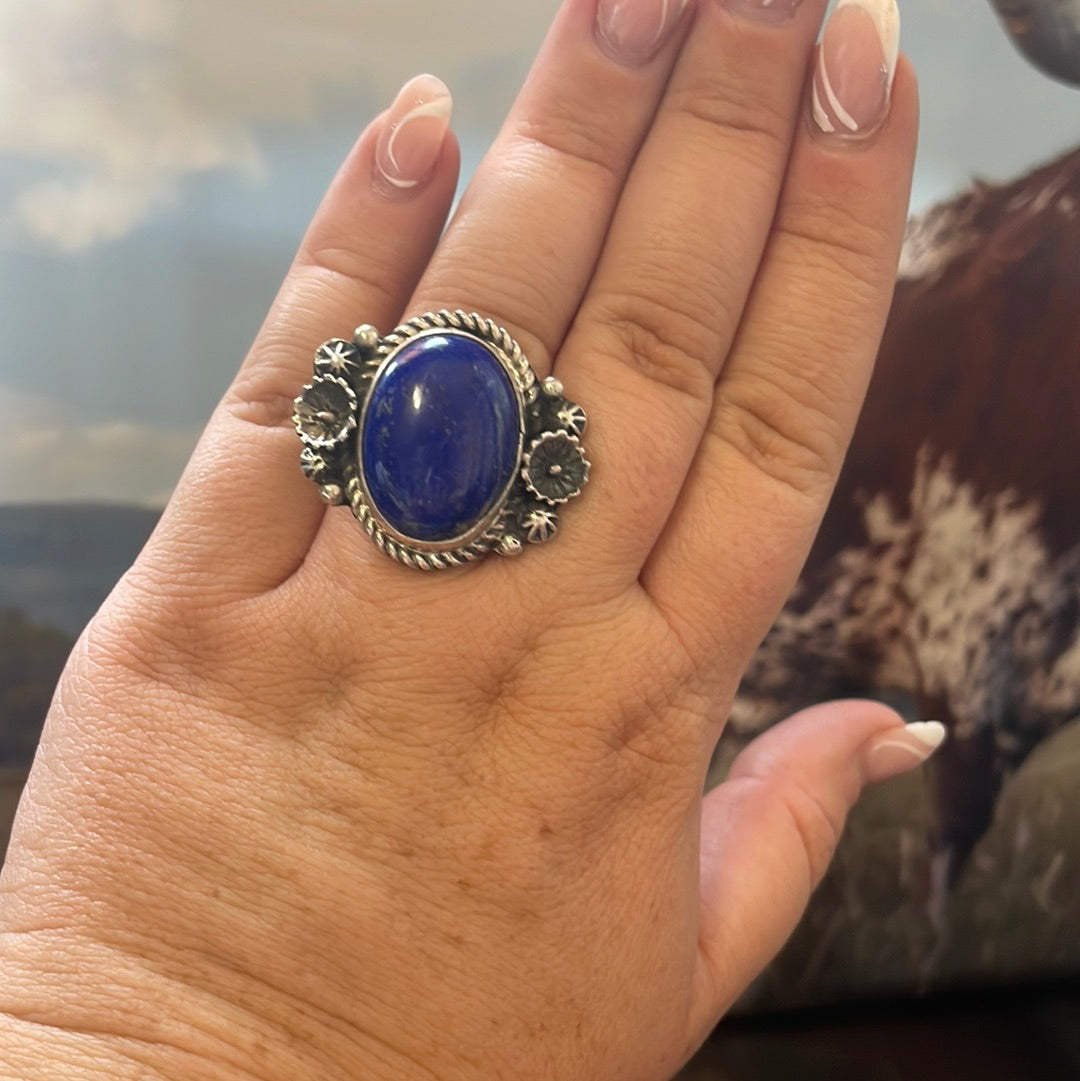 Handcrafted Lapis & Sterling Silver Flower Ring