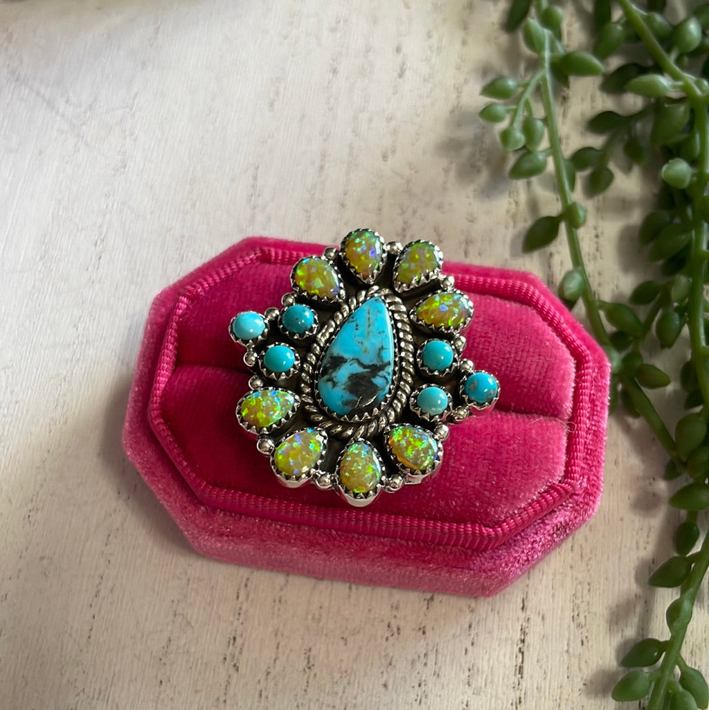 Nizhoni Handmade Fire Opal, Turquoise And Sterling Silver Adjustable Ring