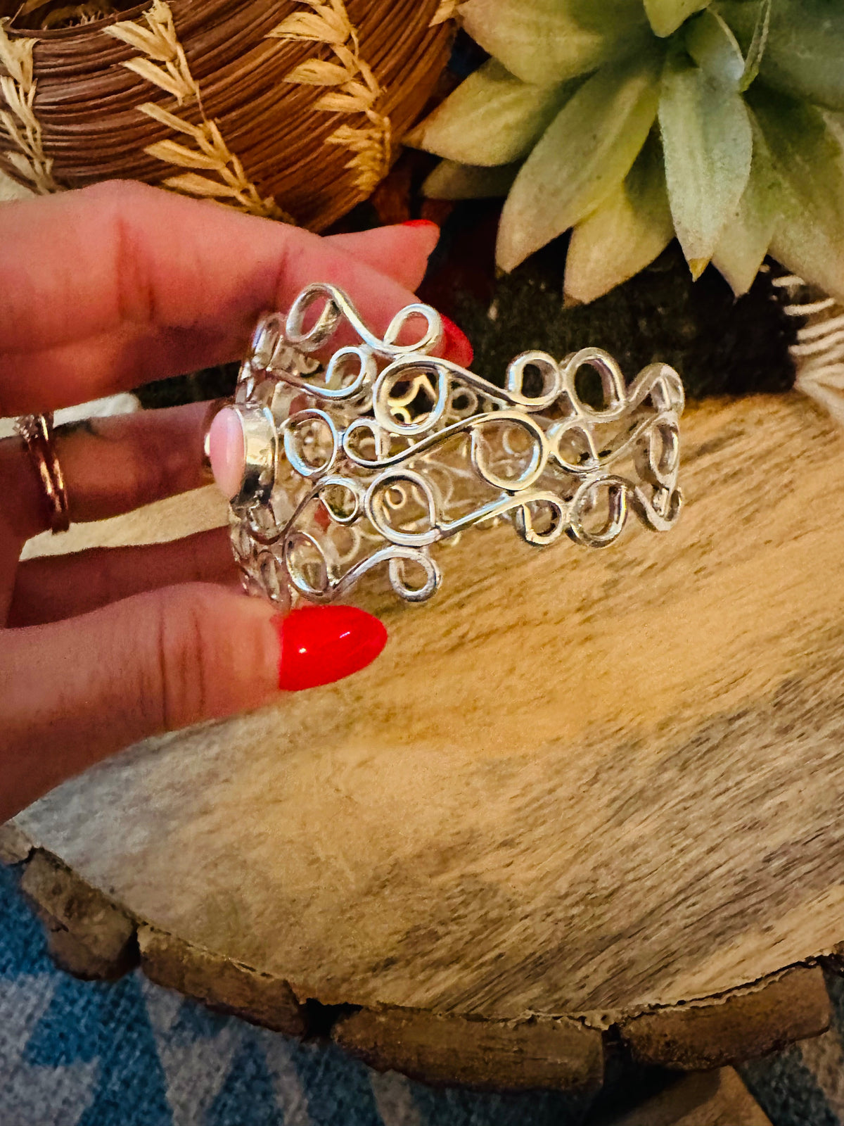 Handcrafted Queen Pink Conch Shell & Sterling Silver Cuff Bracelet