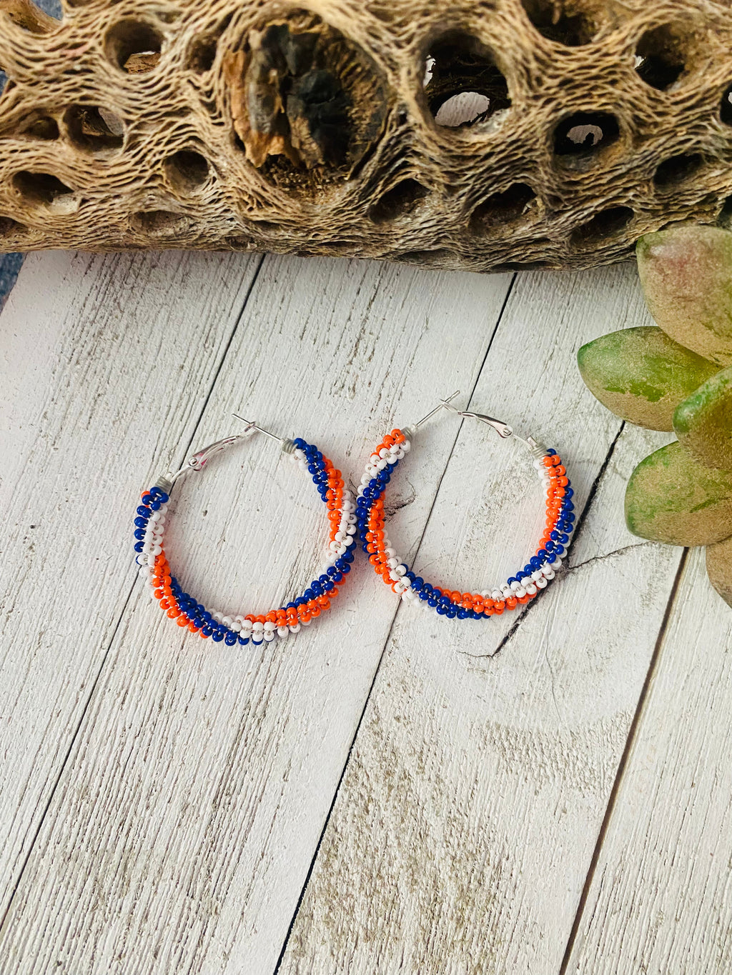 Handcrafted Handmade Beaded Hoop Earrings- red, white, blue