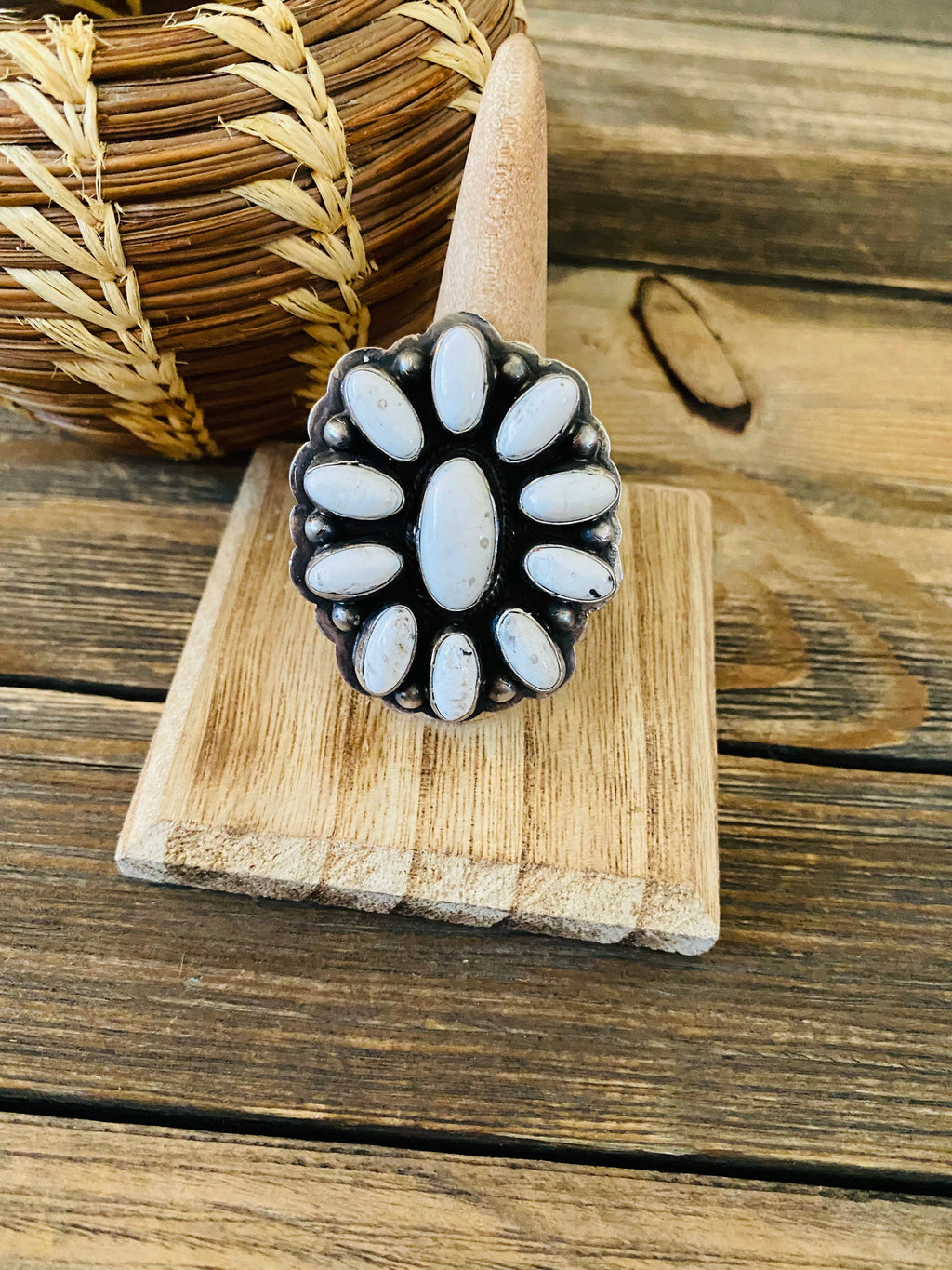 Handcrafted Sterling Silver And White Buffalo Cluster Adjustable Ring