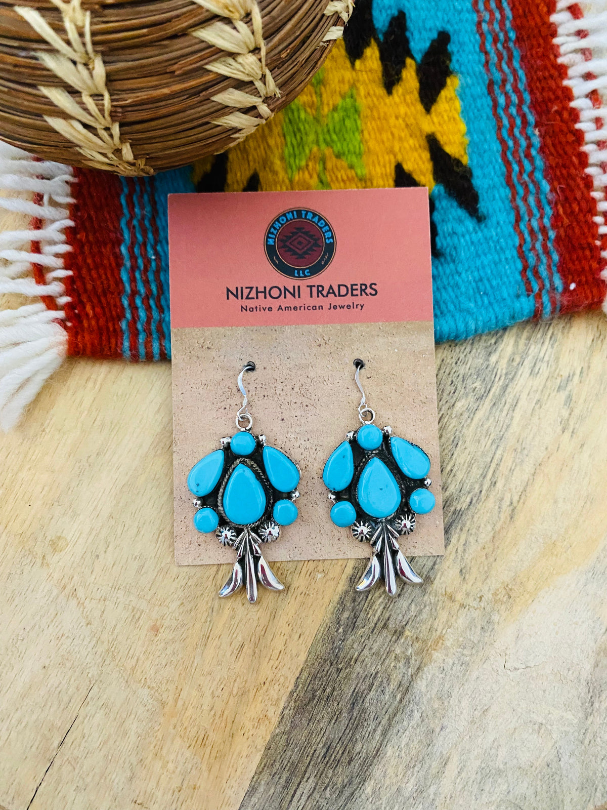 Handcrafted Sterling Silver & Turquoise Cluster Dangle Earrings
