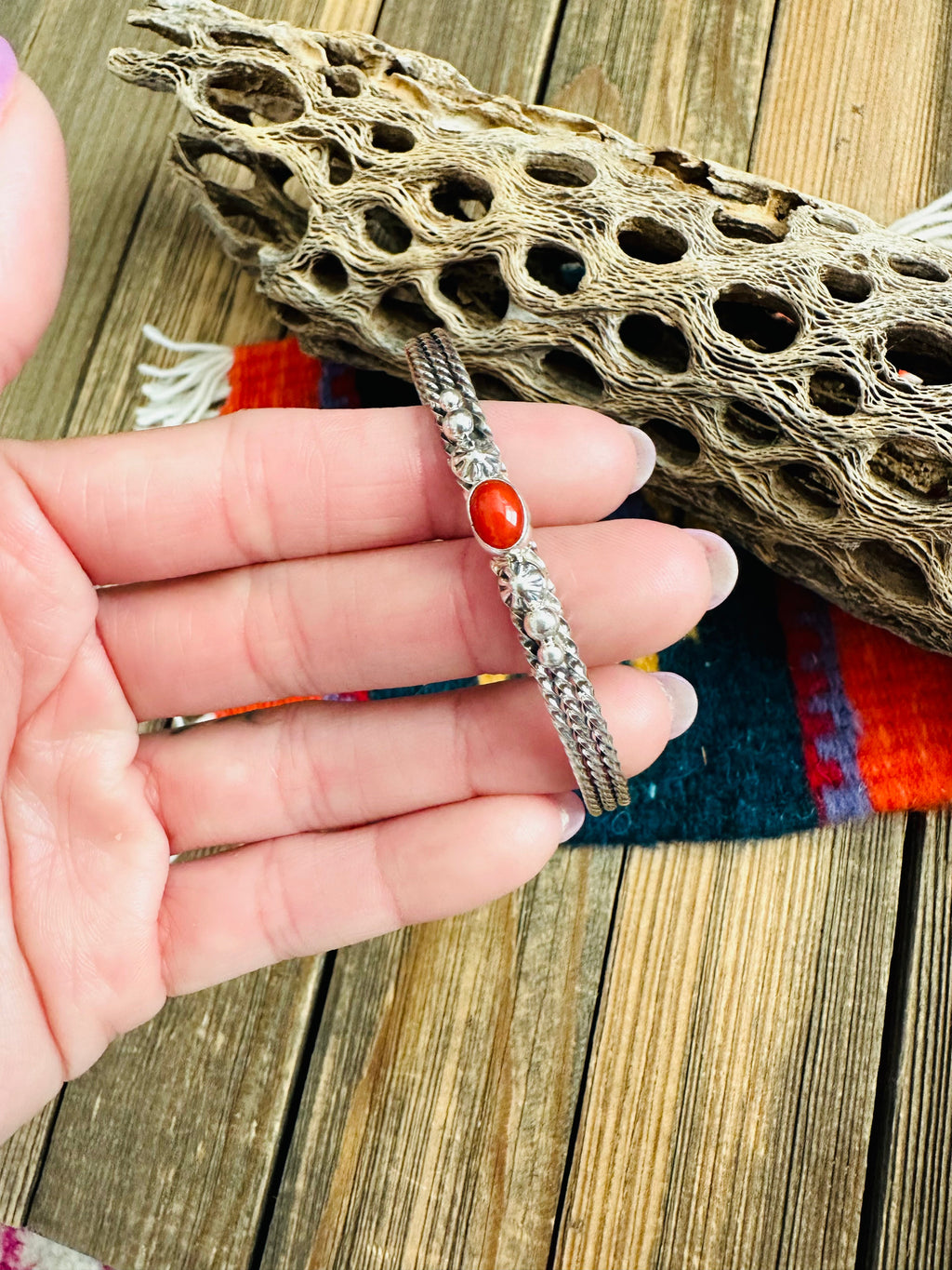 Handcrafted Coral & Sterling Silver Cuff Bracelet