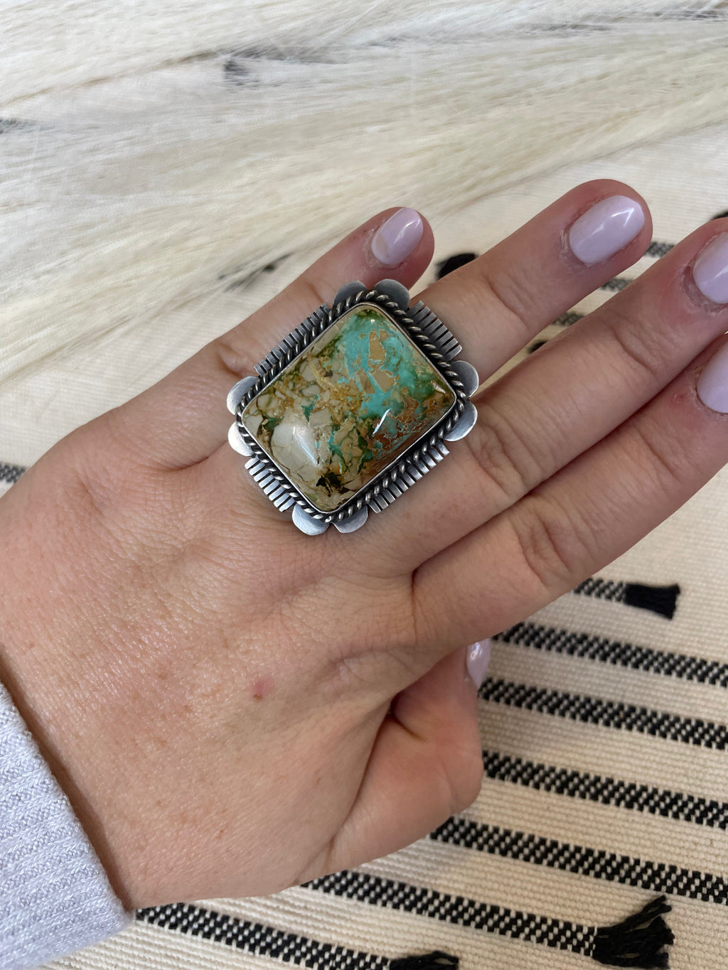 Handcrafted Turquoise & Sterling Silver Ring Size 7 Signed Russell Sam