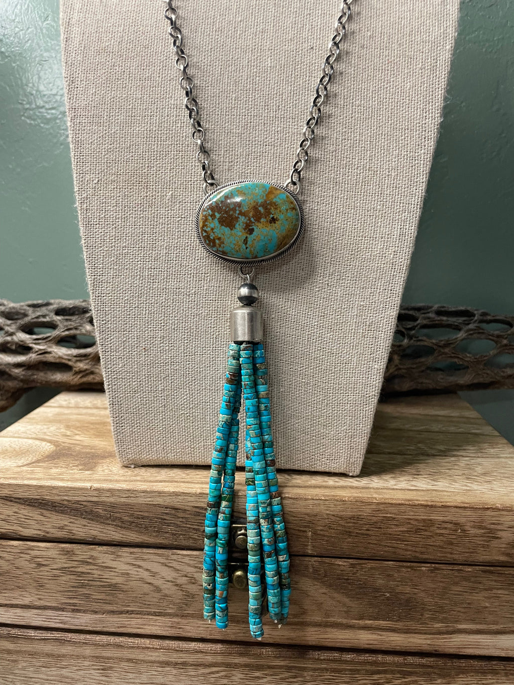 Handcrafted Turquoise & Sterling Silver Drop Necklace Signed Emer Thompson