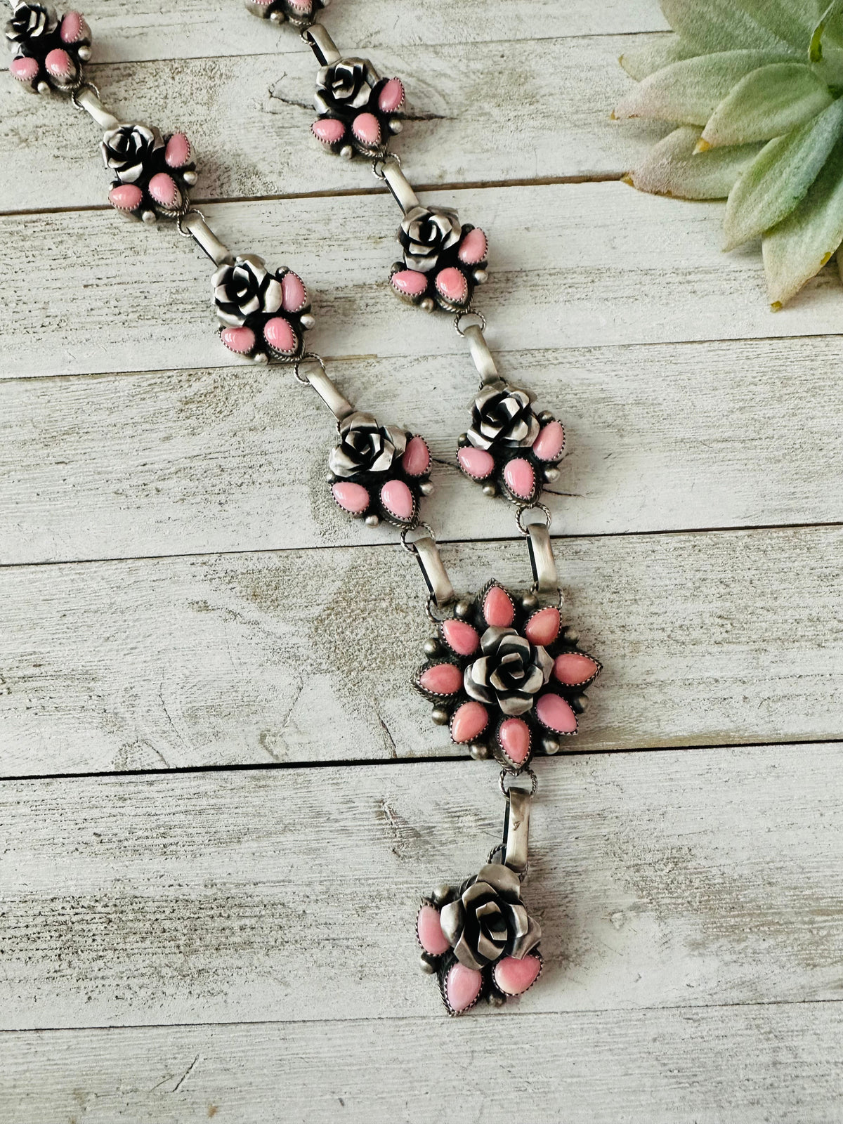 Handcrafted Sterling Silver & Queen Pink Conch Shell Flower Necklace