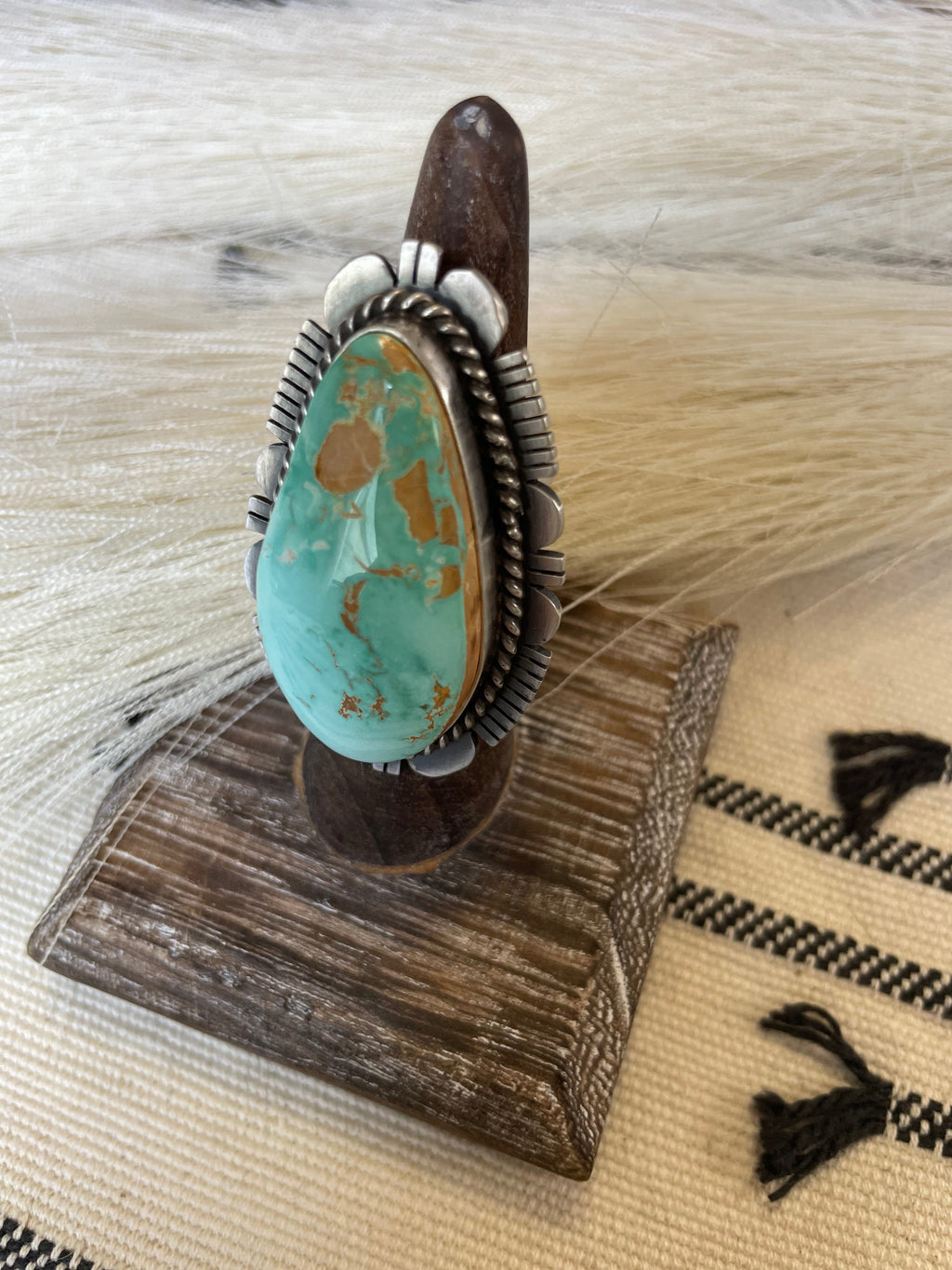 Handcrafted Turquoise & Sterling Silver Ring Size 7 Signed Russell Sam