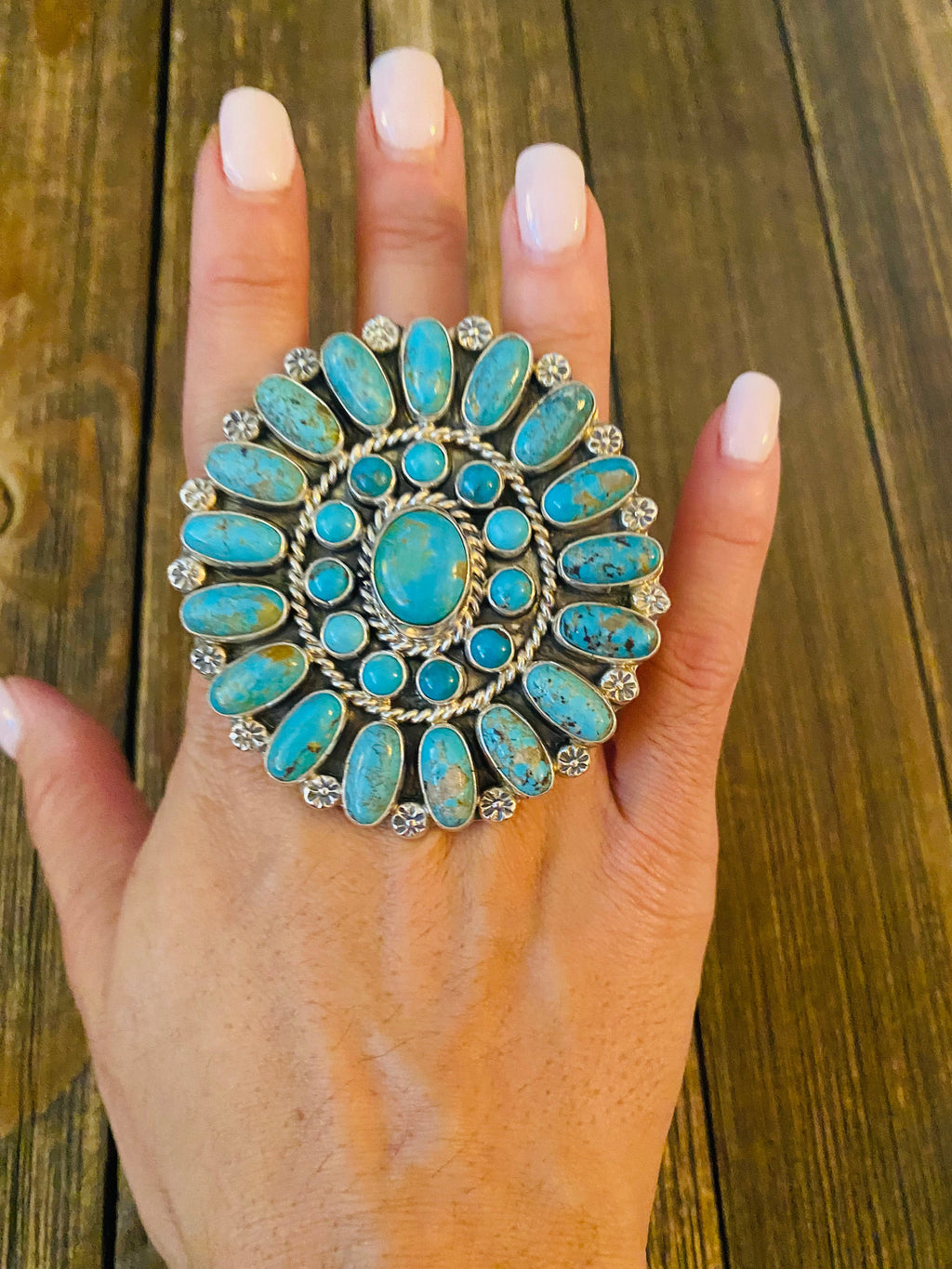 Handcrafted Kingman Turquoise & Sterling Silver Adjustable Cluster Ring