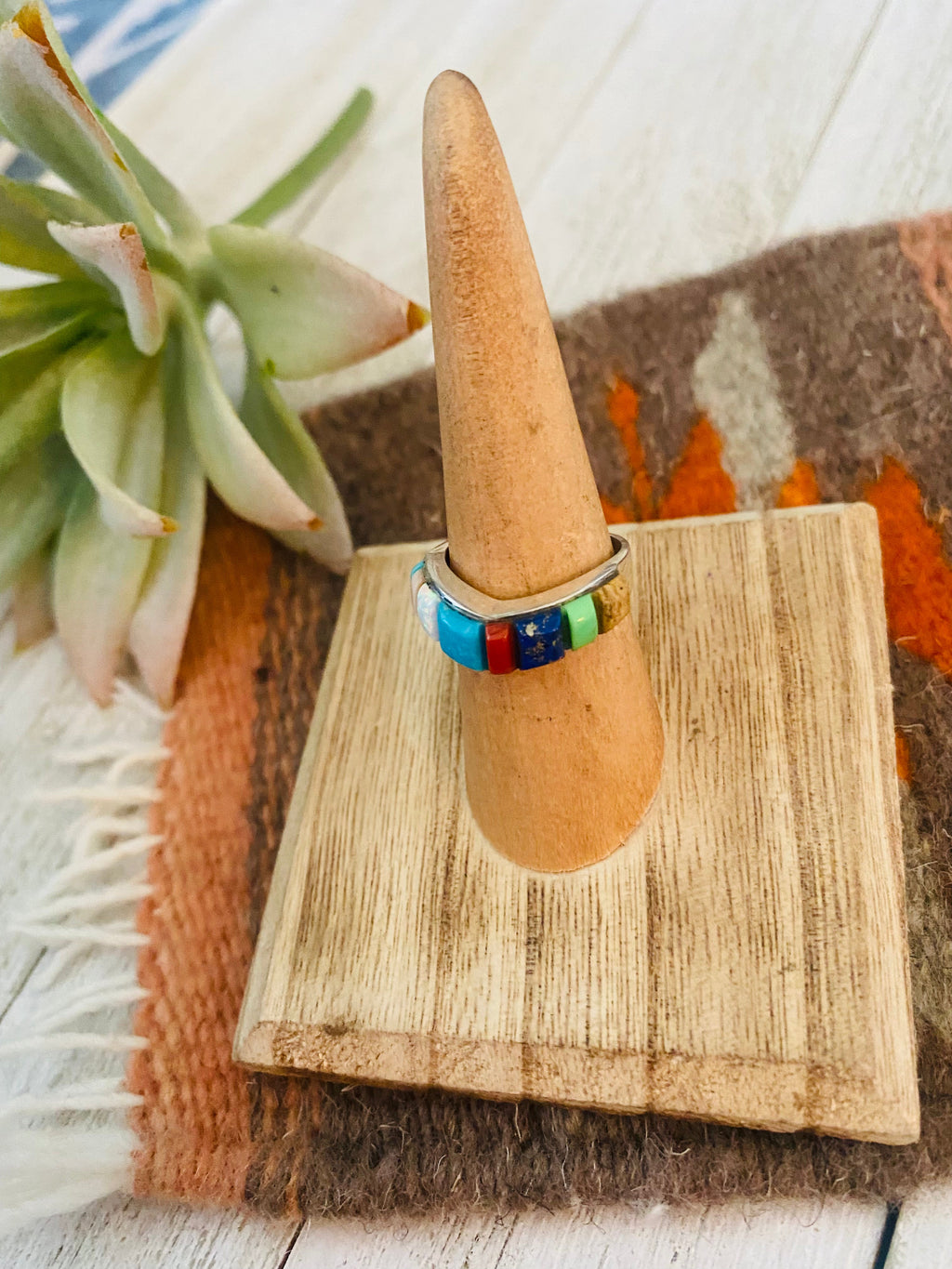 Handcrafted Sterling Silver & Multi Stone Inlay Band Ring Size 6.5