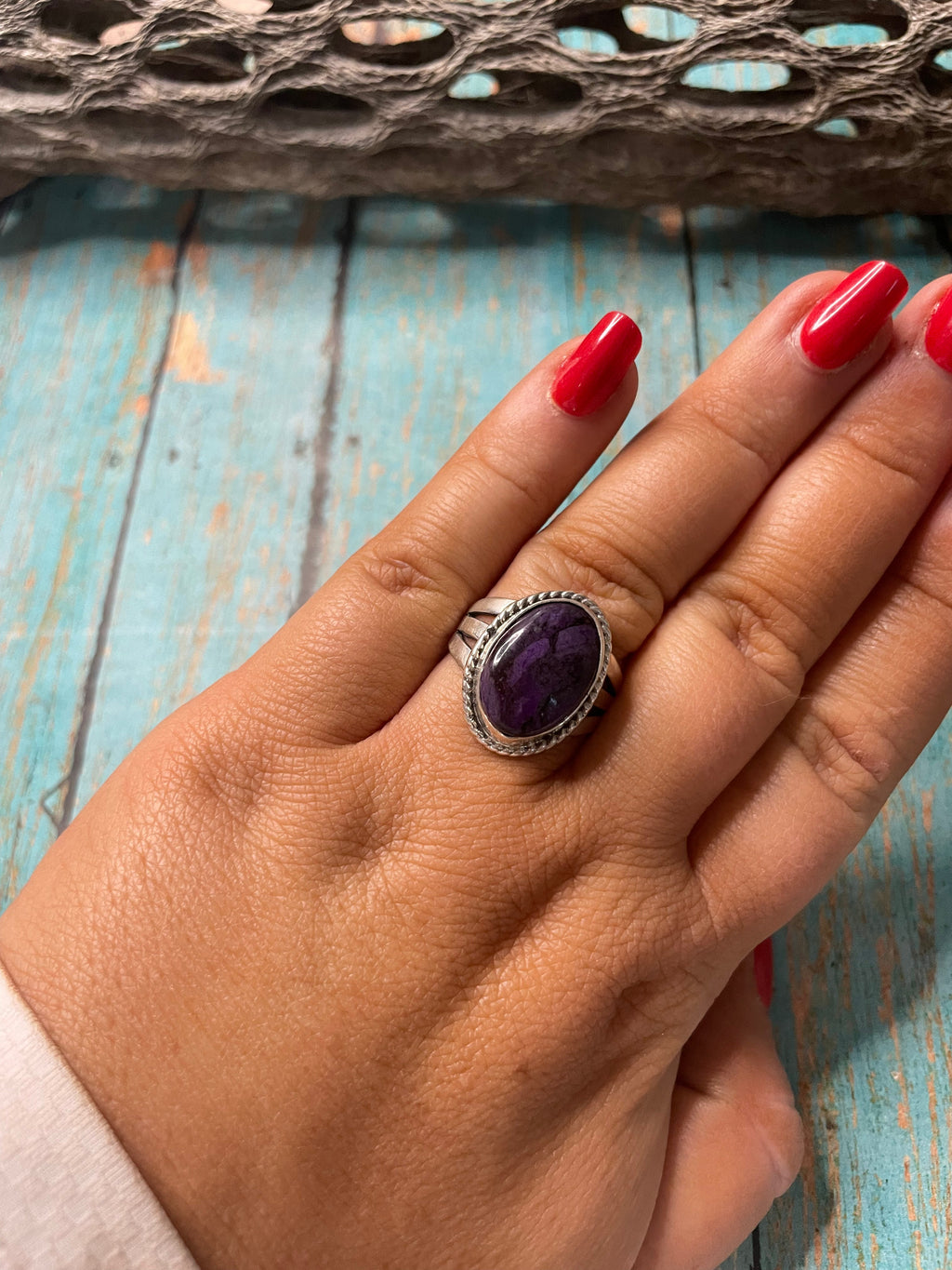 Old Pawn Handcrafted Sterling Silver & Charorite Ring Size 9
