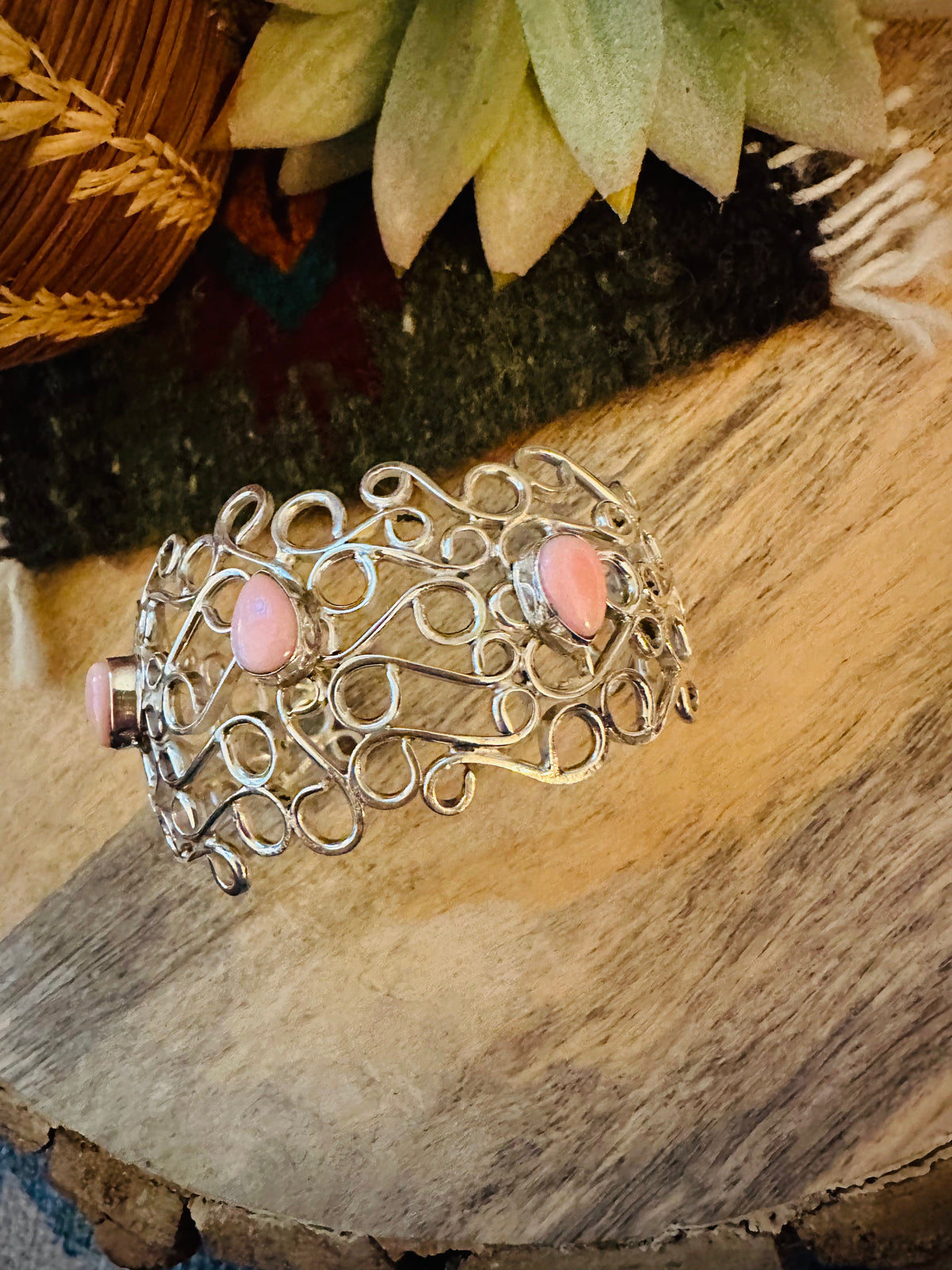 Handcrafted Queen Pink Conch Shell & Sterling Silver Cuff Bracelet