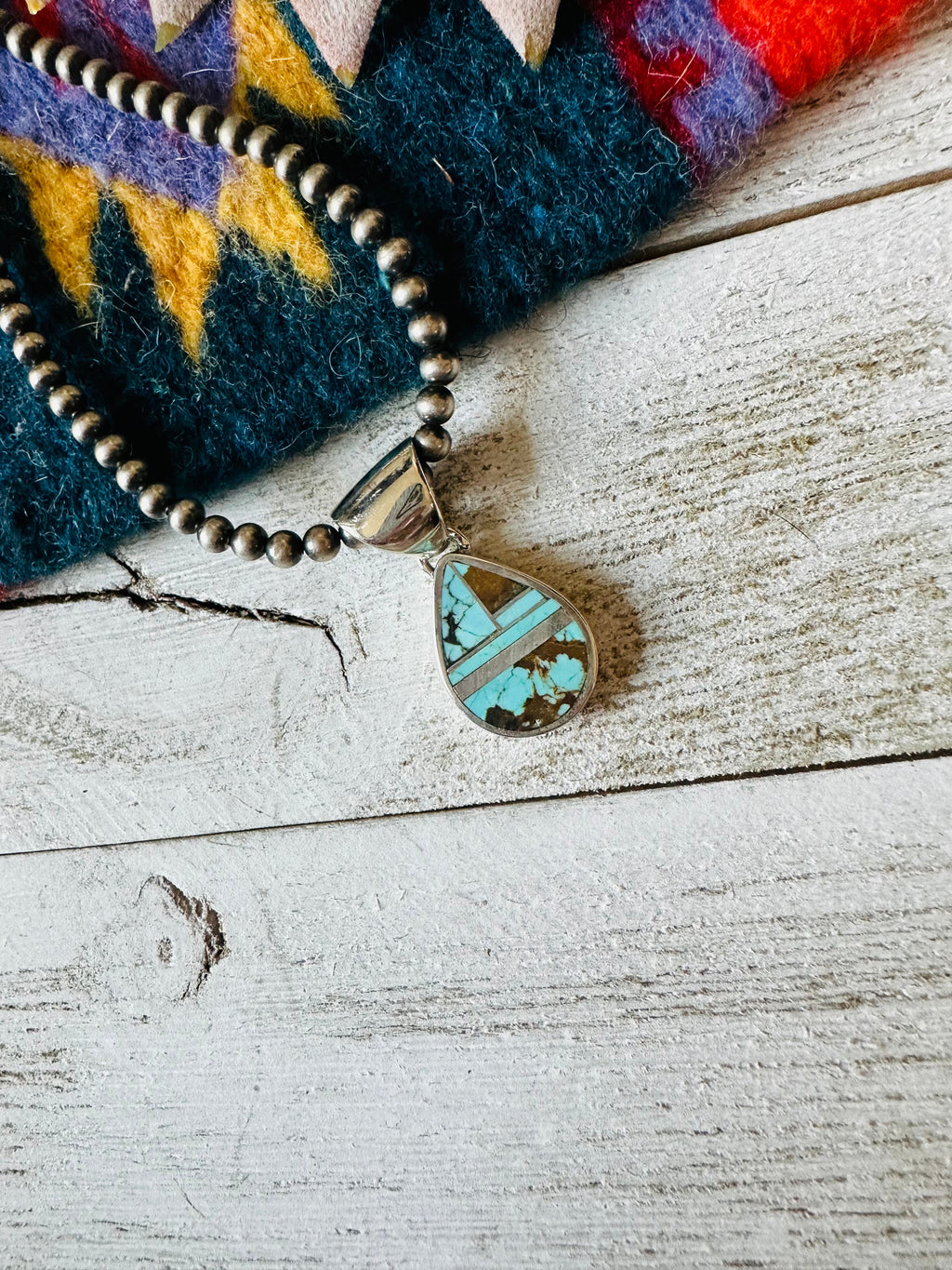 Handcrafted Number 8 Turquoise & Sterling Silver Teardrop Inlay Pendant