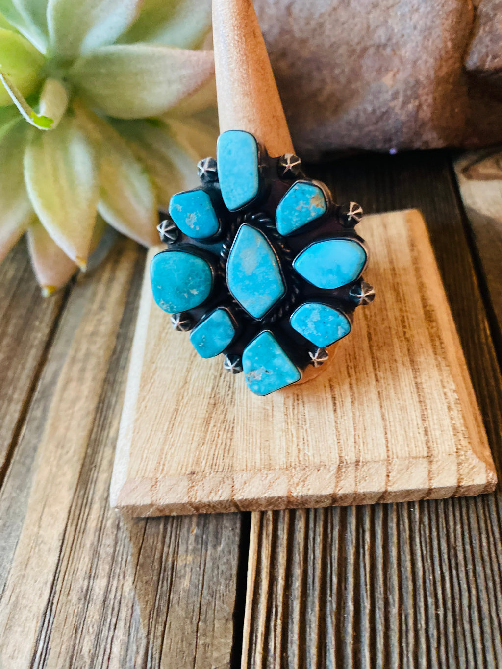 Handcrafted Kingman Turquoise & Sterling Silver Cluster Ring Size 8.5