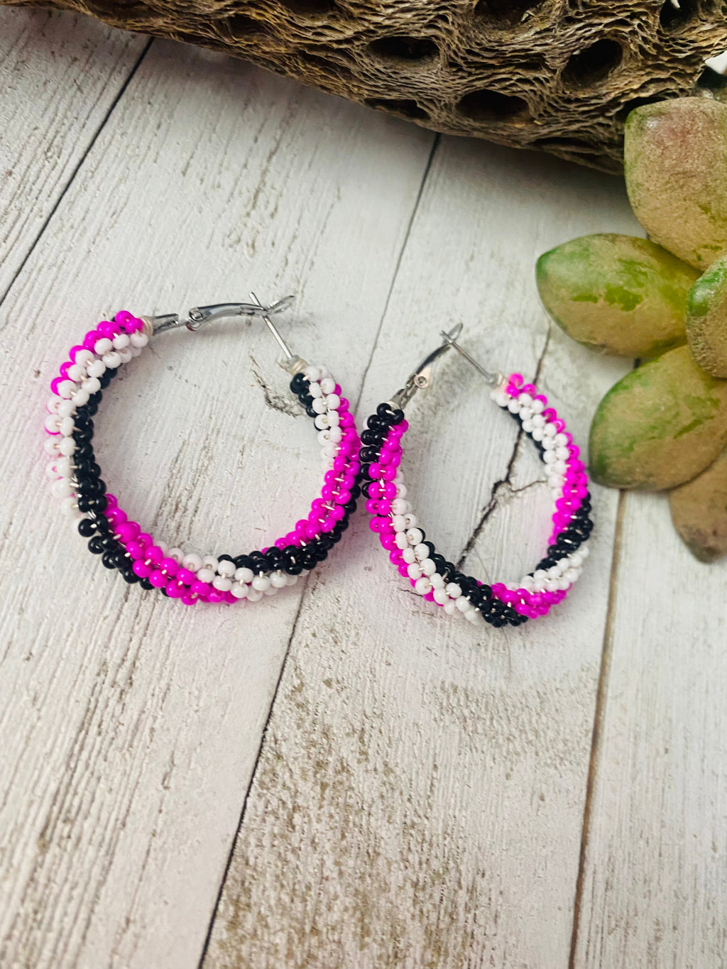 Handcrafted Handmade Beaded Hoop Earrings- pink, black