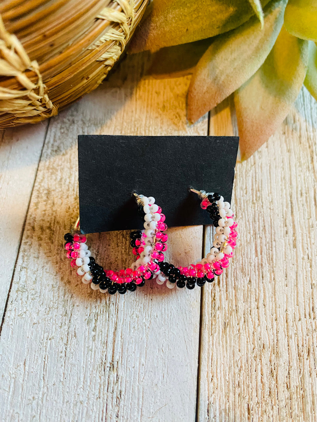 Handcrafted Handmade Beaded Hoop Earrings- pink
