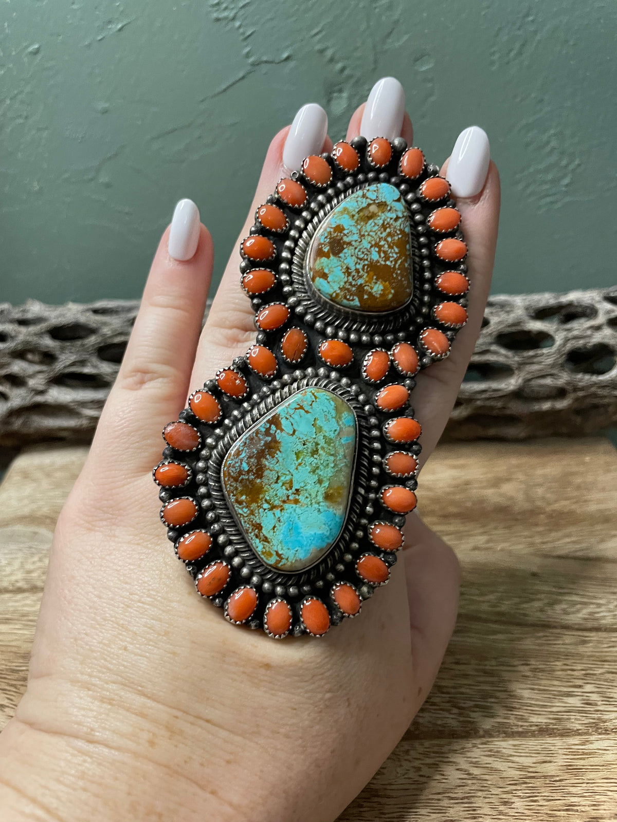 Handcrafted Sterling Silver Turquoise And Orange Spiny Statement Ring Sz 10