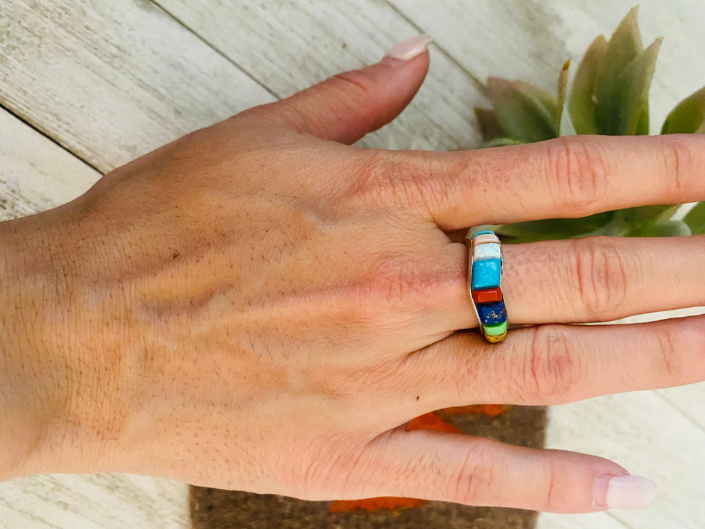 Handcrafted Sterling Silver & Multi Stone Inlay Band Ring Size 6.5