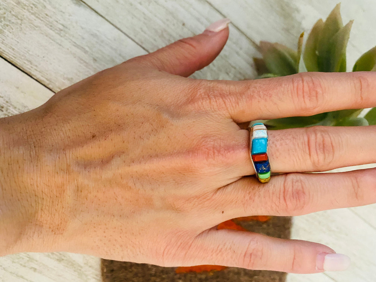 Handcrafted Sterling Silver & Multi Stone Inlay Band Ring Size 6.5