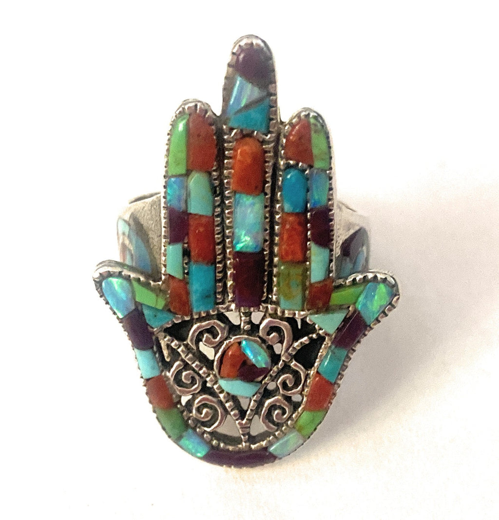 Handmade Sterling Silver & Multi Stone Inlay Hamsa Hand Ring Size 9