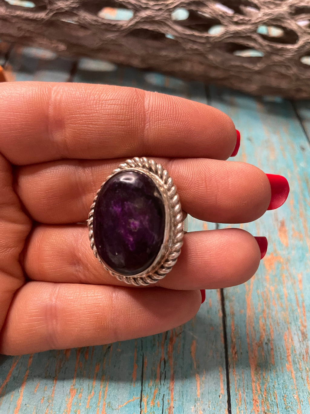 Old Pawn Handcrafted Sterling Silver & Charorite Ring Size 7.5