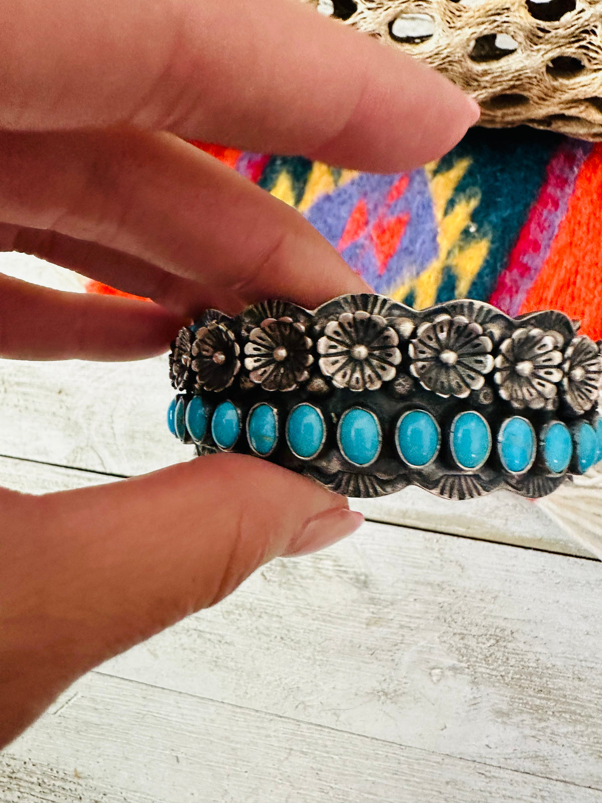 Handcrafted Turquoise & Sterling Silver Flower Cuff Bracelet /
