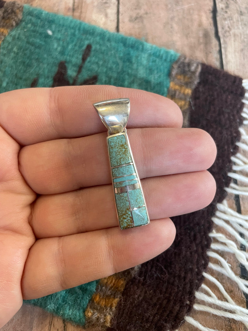 Handcrafted Number 8 Turquoise Inlay & Sterling Silver Pendant Signed