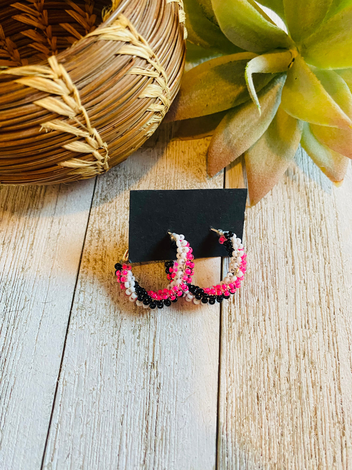 Handcrafted Handmade Beaded Hoop Earrings- pink