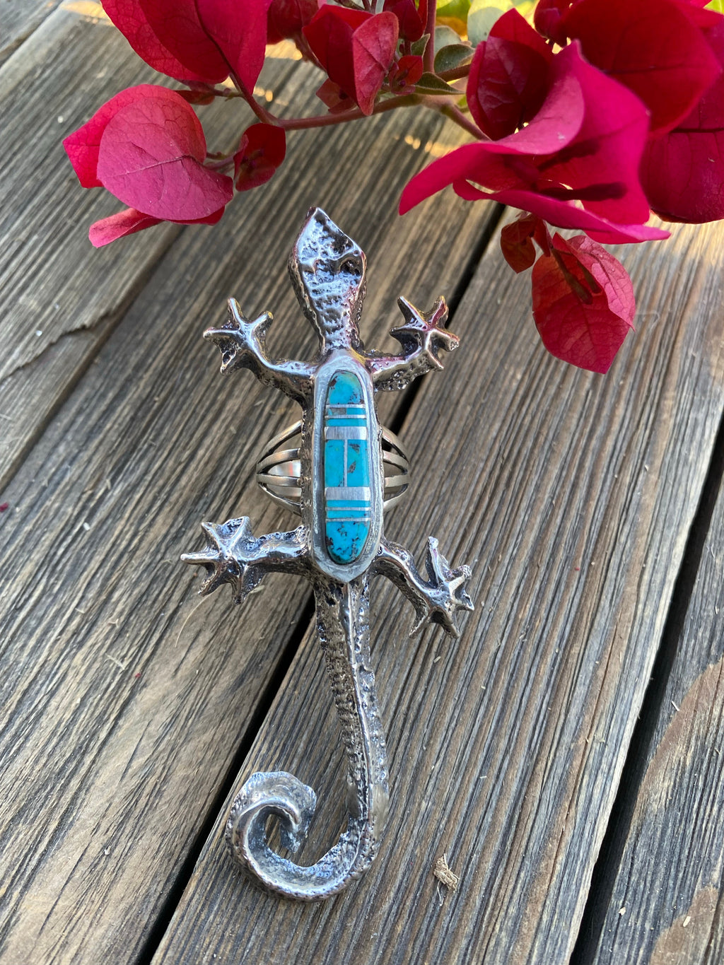 Handcrafted Turquoise& Sterling Silver Inlay Gecko Ring