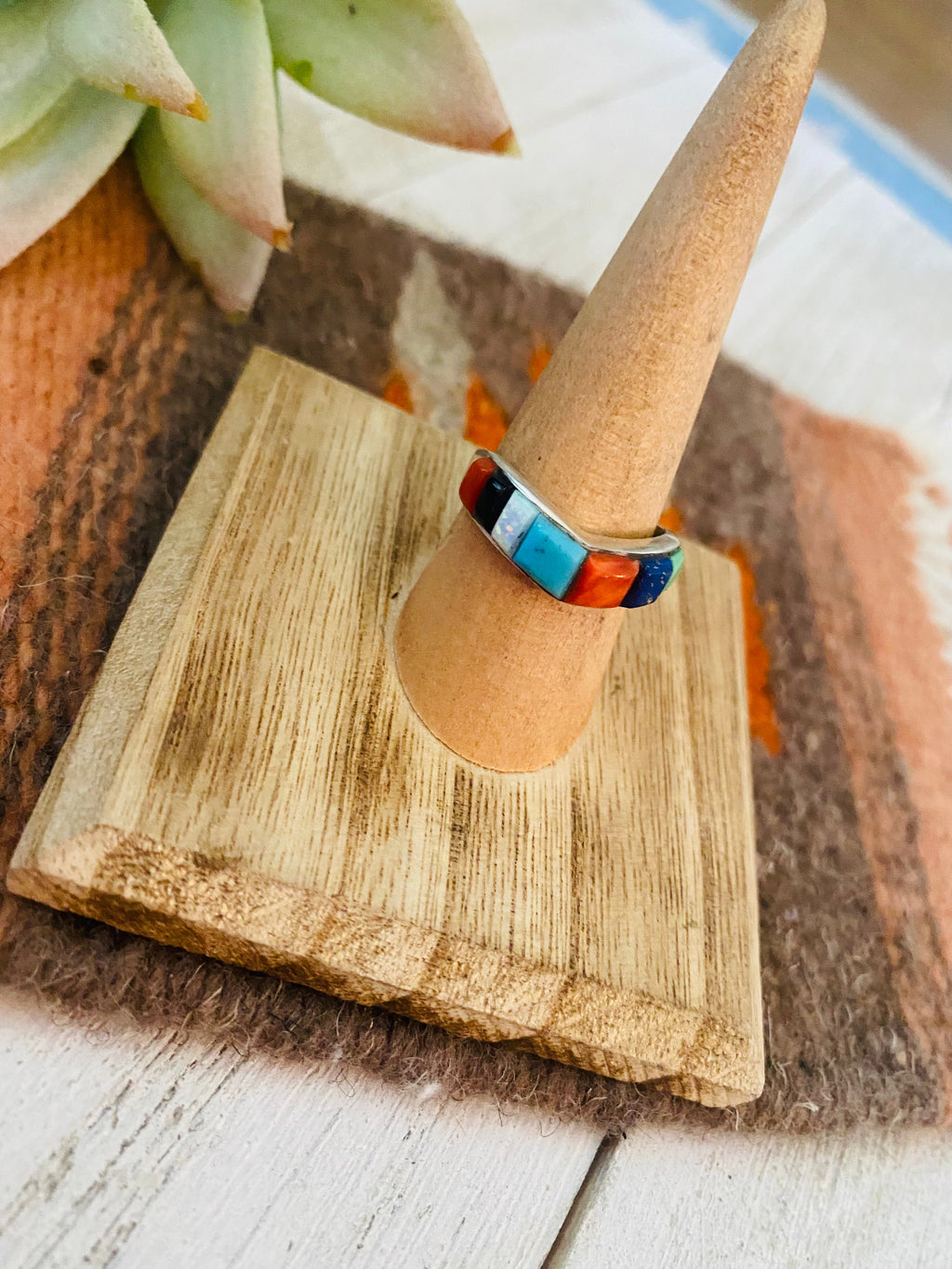 Handcrafted Sterling Silver & Multi Stone Inlay Band Ring Size 7.5