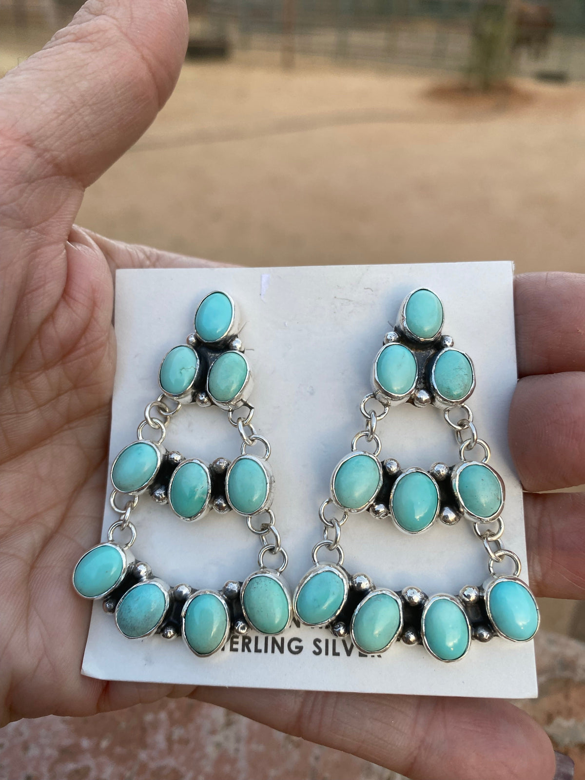 Carico Lake Turquoise & Sterling Silver Cluster Dangle Earrings Signed