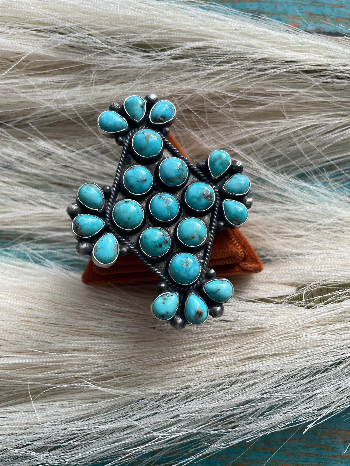 Handcrafted Turquoise & Sterling Silver Statement Cluster Adjustable Ring