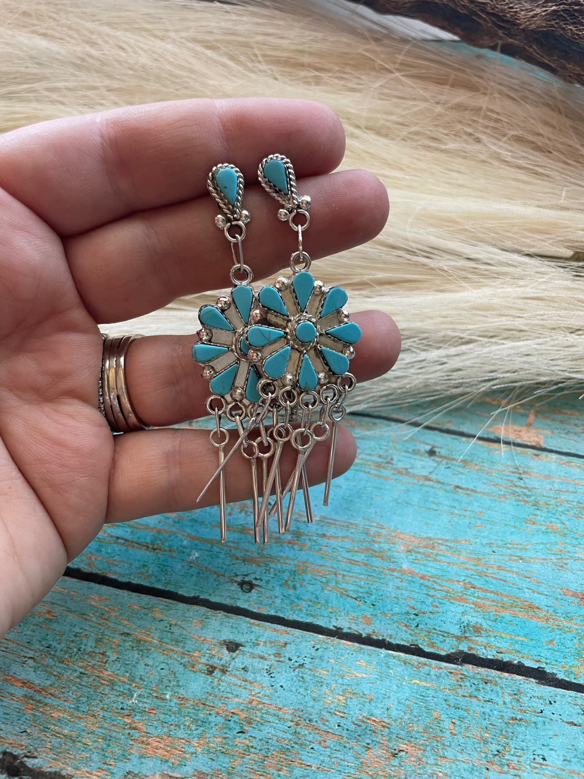 Handcrafted Sterling Silver & Turquoise 3 Inch Dangle Earrings