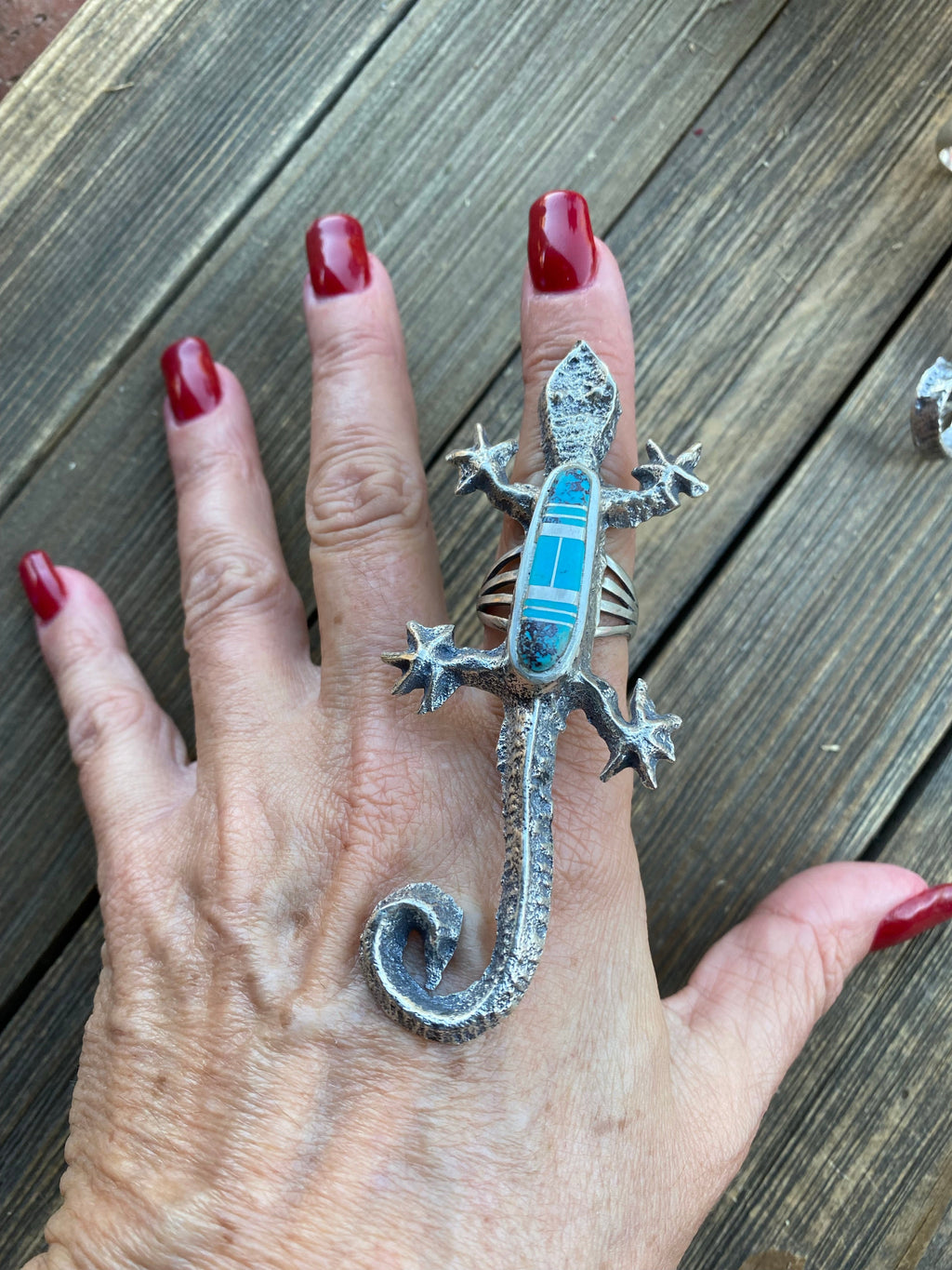Handcrafted Turquoise& Sterling Silver Inlay Gecko Ring