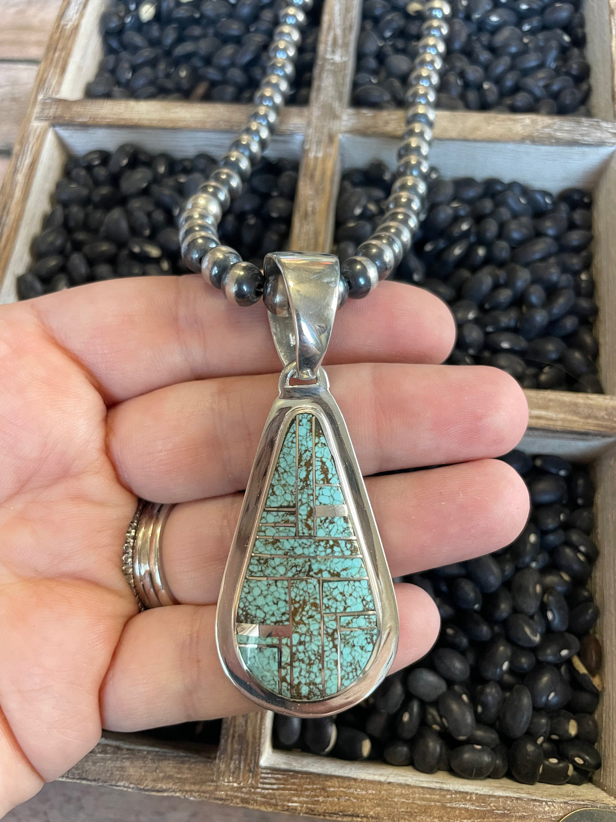 Handcrafted Number 8 Turquoise Inlay & Sterling Silver Pendant Signed