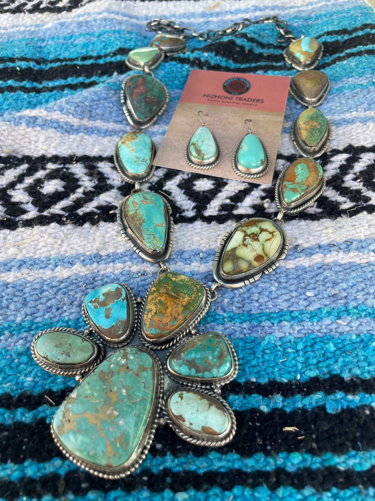 Handcrafted Sterling Silver & Royston Turquoise Necklace & Earring Set Signed RB