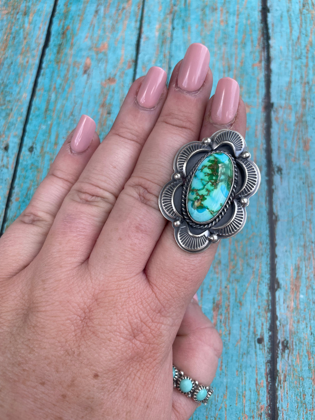 Handcrafted Sonoran Mountain Turquoise And Sterling Silver Statement Ring Size 7